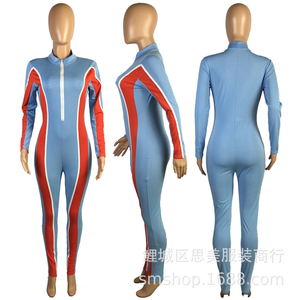 Combinaison femme color block à manches longues, taille haute, coupe ajustée, longueur intégrale, col rond, en Spandex et Polyester, style streetwear - Product Image 5