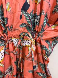 Women's Red Floral Print 100% Cotton Straight Maxi <b>Kaftan</b> <b>Dress</b> V Neck Batwing Sleeves Drawstring Eco-Friendly Breathable Daily - Product Image 5