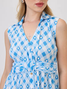 Vestido Formal Azul con Estampado Floral, Corte en A, Cuello en V, Sin Mangas, Largo Midi, Dobladillo Acampanado, Tela Georgette, Ecológico, Natural, para Mujer - Product Image 3