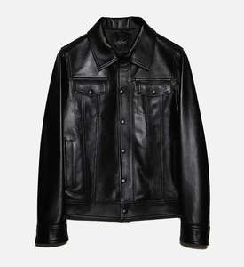 Chaqueta de cuero genuino negra para hombre, con cuello alto, estilo motociclista, informal, con cremallera, múltiples bolsillos, elegante, para invierno. - Product Image 4
