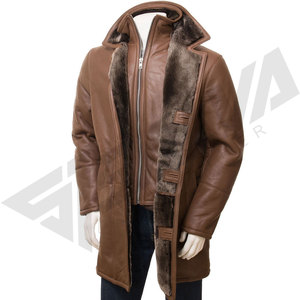 Men's <b>Long</b> Brown Genuine <b>Leather</b> <b>Jacket</b> With Faux Fur Lining Turn-down Collar Single Breasted Windproof Winter Coat - Product Image 3