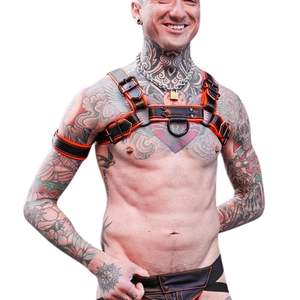 Harnais en dentelle sexy pour homme, modèle Hardline Bulldog, en fausse fourrure, orange, ajustable, en cuir premium, pour clubbing - Product Image 2