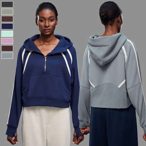 Custom <b>Womens</b> Cropped <b>Quarter</b> <b>Zip</b> Fleece Hoodie High Collar Contrast Panel Athletic Pullover <b>Sweatshirt</b> Wholesale - Product Image 6