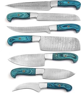 Ensemble de couteaux de cuisine en acier Damas, 7 pièces, couteaux de chef, manche en bois turquoise, avec sac en cuir, vente en gros, fabricant OEM B2B - Product Image 3