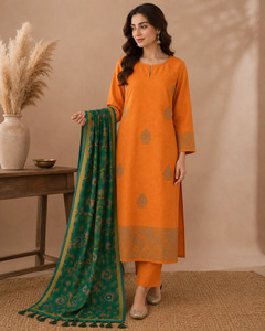Ensemble kurta en coton Jamdani brodé à la main, non cousu, couleur orange, pour femmes, disponible au prix de gros, costume couleur safran. - Product Image 4