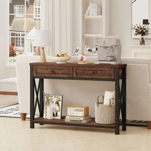 Table console industrielle moderne avec 2 tiroirs et étagère inférieure, structure en fer pour salon - Product Image 3
