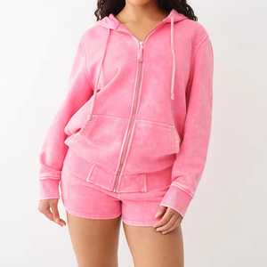 Conjuntos de ropa para mujer de 2 piezas, transpirables, lisos, teñidos, vintage, con efecto lavado ácido, con pantalones cortos y sudaderas con capucha de manga larga, en MOQ bajo. - Product Image 1