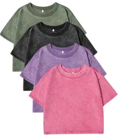 Lot de 4 T-shirts pour femmes en coton biologique écologique, style vintage, taille haute, manches courtes, col rond, légèrement extensibles, couleur unie