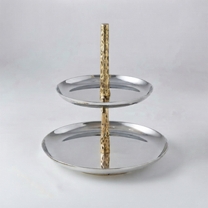 Chic Two <b>Tier</b> Hammered Theme Silver Metal <b>Cake</b> Stand With Textured Gold Spindle And Crescent Moon Top Finial For Luxury Serving - Product Image 6