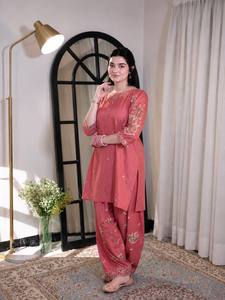 Exclusive Roman Silk Kurti And Farshi Palazzo Set With Heavy Embroidery Work Designer Ethnic Outfit Women - Product Image 2
