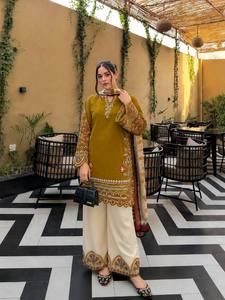 Conjunto de Traje Pakistaní Bordado, Atuendo Modesto para Mujer, Top Largo con Cuello en V, Pantalones Anchos, Chal para Eventos Casuales - Product Image 3