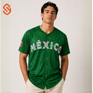 Camiseta de Béisbol de México para Hombre, Manga Corta, Verde, Estampado Sublimado, Cierre de Botones, Deportiva, Corte Regular, para Todas las Temporadas - Product Image 1