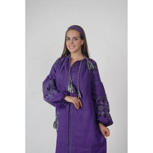 Robe de taille XL pour femmes brodée bleu bohème élégant avec manches longues et décorations à glissière avec pompon Vêtements de fête naturels - Product Image 1