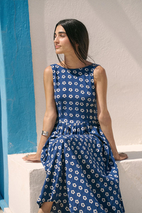 Vestido Midi Boho para Mujer, Azul a Cuadros, Tejido, Ecológico, Vintage, Casual, Holgado, Sin Espalda, Sin Mangas - Product Image 3