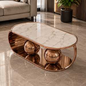 Rose Gold Double Ball Living Room Center <b>Table</b> White Marble Top <b>Mirrored</b> Lower Shelf Modern Oval Coffee <b>Table</b> Steel Frame - Product Image 1