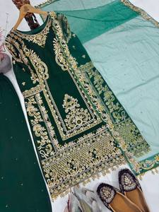 Ensemble Salwar Kameez en Georgette Vert Lourdement Brodé avec Sequins et Chaînes, Dupatta, Tenue de Mariage Pakistanaise pour Mariée, Séchage Rapide - Product Image 5