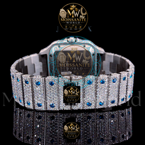 Montre automatique de luxe carrée en acier inoxydable, entièrement sertie de saphirs bleus, lunette pavée de diamants, aiguilles lumineuses, style business et hip-hop, avec date - Product Image 3