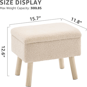 Pouf Contemporaneo Rettangolare con Rivestimento in Pile Teddy e Gambe in Legno Massello, Poggiapiedi Beige per Ingresso di Casa - Product Image 2