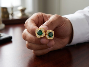 Gemelos de oro para hombre con circonita verde y diseño floral, engaste de garra, accesorios formales para camisa - Product Image 2