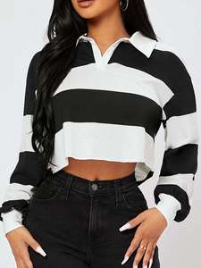 Polo surdimensionné pour femme Nesta Sports avec broderie personnalisée, style rugby court, épaules tombantes, rayures contrastées rouge et blanc - Product Image 2