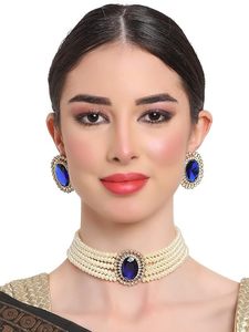Parure de bijoux de mariée classique en alliage plaqué or rose avec perles d'imitation, collier, boucles d'oreilles et diadème, ornée de cristaux bleus pour femme - Product Image 6
