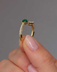 Joyería Minimalista, Anillo Toi Et Moi de Oro Sólido de 14k con Esmeralda Natural y Diamante Cultivado en Laboratorio, Anillos Abiertos de Lujo, Joyería Fina - Product Image 3