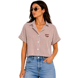 Camisa corta a rayas marrón y blanca personalizada para mujer, con logotipo bordado personalizado, manga corta, abotonada, informal, blusa de verano, OEM - Product Image 1
