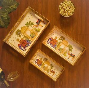 Juego de bandejas de servir rectangulares de madera oriental, pulidas, aptas para lavavajillas, modernas y lujosas, para uso en la cocina, para comida y bebida. - Product Image 1
