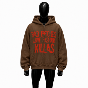 Sweat-shirt à capuche marron surdimensionné avec fermeture éclair, imprimé graphique rouge, streetwear unisexe, fermeture éclair intégrale, pour hommes et femmes, coupe décontractée - Product Image 1