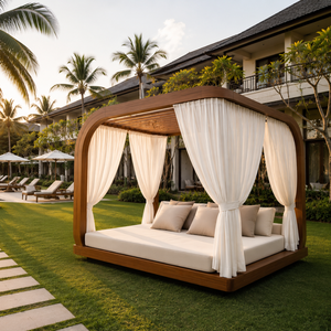 Lit de jardin moderne en bois massif avec rideaux d'intimité pour hôtel de luxe, villa, patio, mobilier de bord de piscine - Product Image 1