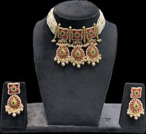 Women's Wedding Ethnic Trendy TISHYA <b>DIAMOND</b> Gold Plated Alloy Necklace <b>Earrings</b> Set Green Beads Imitation <b>Pearl</b> Moissanite - Product Image 1