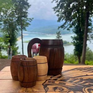 Handmade Wooden Mug Cylinder Shape With Handle Natural Wood Vintage Design <b>Tea</b> Coffee <b>Cup</b> For Home Party Camping - Product Image 6