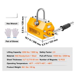 Sollevatore Magnetico con Capacità di 2200 lbs/1000 kg, Fattore di Sicurezza 2.5, Magnete Permanente in Acciaio al Neodimio - Product Image 5
