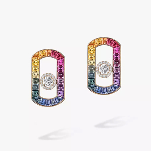 Boucles d'oreilles clous géométriques de luxe en or 18 carats avec saphir arc-en-ciel et diamant taille brillant rond pour femme, à porter au quotidien - Product Image 1