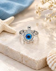 Anillo Ojo Turco de Plata 925 con Baño de Rodio, Engaste Pavé, Cristal Azul Central, Diseño Geométrico, Moderno, Unisex, para Uso Diario - Product Image 3