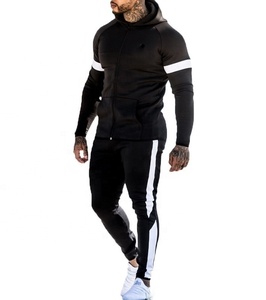 Men's Sleeve Stripe Active Gym Wear Tracksuit Set With Kangaroo Pocket Men's Full Front Zip Sweatsuit Set - Product Image 1