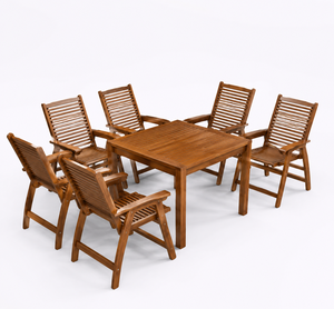 Ensemble de table à manger d'extérieur en teck moderne avec table carrée à lattes et 6 fauteuils pour patio, jardin, villa, hôtel - Product Image 2