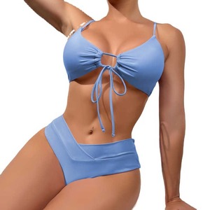 Whole Sale Cross Hanging High Waist Bikini Anti-Bacterial Micro Bra Solid Front Sexy Women Bandage Two Piece <b>Thong</b> Swimsuit - Product Image 5