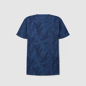เสื้อยืดคอกลมแขนสั้นพิมพ์ลายทรอปิคอลสีน้ำเงินสำหรับผู้ชาย ทรงปกติ ผ้าฝ้ายเจอร์ซีย์ สวมใส่สบายๆ - Product Image 2