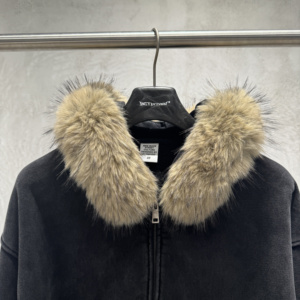 Wholesale Custom Oversized Distressed Faux Fur <b>Hood</b> Solid Heavyweight Cotton <b>Zip</b> Hoodie Boxy Style Custom logo for Men - Product Image 5
