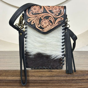 Bolsos de Mano de Cuero Vacuno Hechos a Mano para Mujer, Bolsos Cruzados con Borlas, Mini Bolsos de Teléfono Estilo Occidental, Bolsos de Teléfono con Correa de Muñeca de Piel con Pelo - Product Image 4