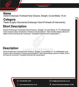 กรรไกรตัดหน้าผากแบบส่องกล้อง ยี่ห้อแดเนียล ใบมีดตรงและโค้ง ขนาด 15 ซม. ทำจากสแตนเลสสตีล สำหรับการผ่าตัดผ่านกล้อง - Product Image 5
