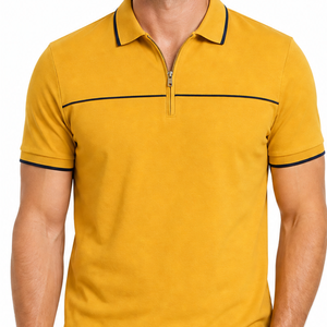 Hot selling Men's Mustard <b>Yellow</b> Short Sleeve Knitted <b>Polo</b> <b>Shirt</b> With Zipper And Black Trim Casual Style - Product Image 2