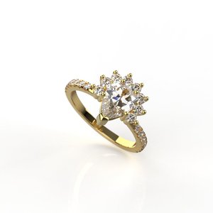 Anillo de Compromiso con Diamantes en Forma de Flor para Mujer, Chapado en Oro de 18K, Engaste Pavé en Oro Amarillo, Estilo Romántico - Product Image 2