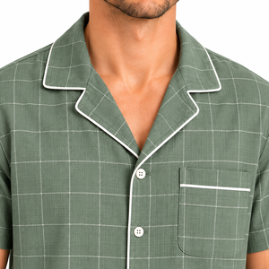 Ensemble de pyjama en rayonne à carreaux pour homme, manches courtes, boutonné, tenue de nuit et de détente, toutes saisons, avec short assorti, vert - Product Image 6