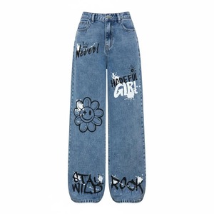 Pantalones Vaqueros de Cintura Alta y Pierna Ancha con Graffiti Dibujado a Mano y Apliques de Flores, Estilo Urbano, Jeans de Algodón para Primavera - Product Image 4