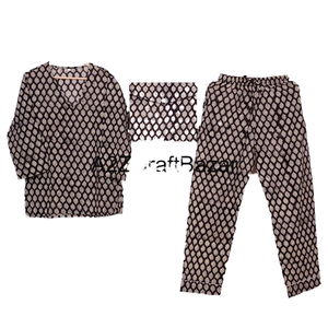 Conjunto de pijama con cuello en V y cintura elástica cómoda con estampado de bloque de mano indio para mujer, vestido de noche de verano Floral de algodón puro elegante - Product Image 1