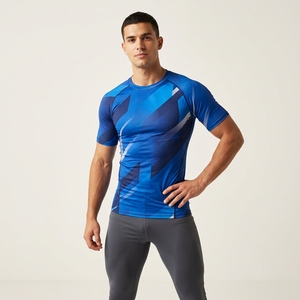 Men's Blue Geometric Pattern Short Sleeve Compression T-Shirt O-Neck Quick Dry Slim Fit Sporty Workout Apparel - Product Image 1