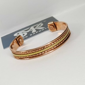 Premium Metal Craft Magnetic Copper Cuff <b>Bangle</b> Two Tone Braided Inlay Design Adjustable Open Bracelet Handmade - Product Image 2