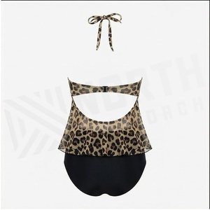 Blue Butterfly Print 2 Piece Yoga <b>Set</b> With Gold Trim Deep V Neck Halter Bodysuit And Knee Length Wrap <b>Skirt</b> - Product Image 2